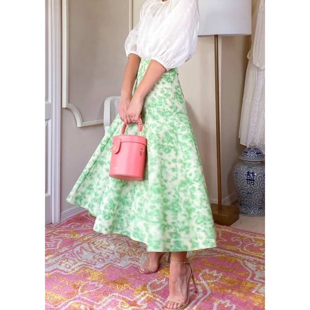 J.Crew Green Watercolor Ikat Floral Full A-Line Midi Skirt 8 Garden Party Derby